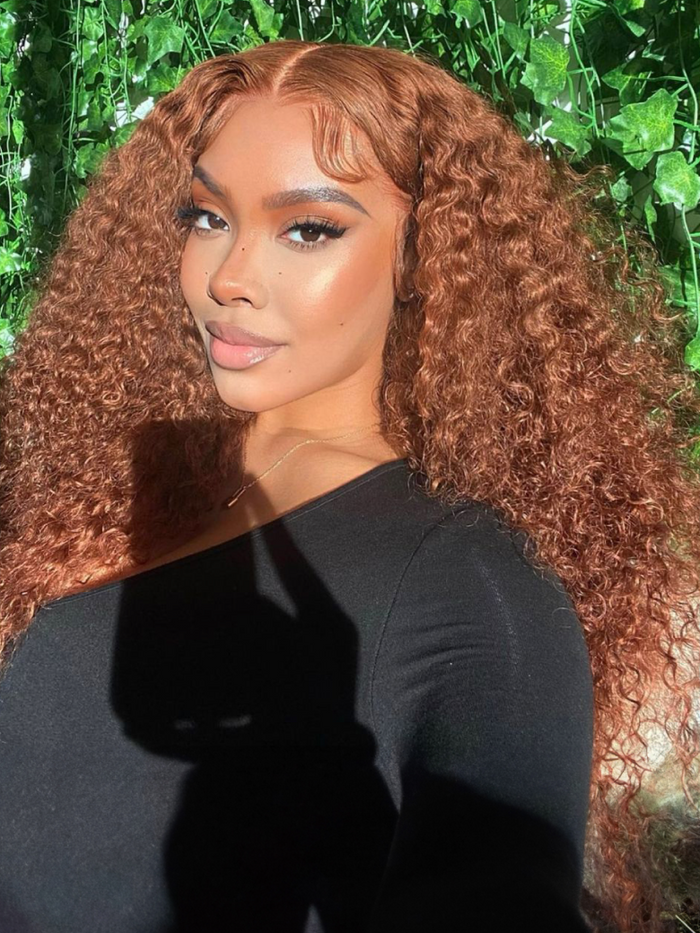 Petaluxe [200% Density] 7x5 Bye-Bye Knots? Wig Glueless Lace Reddish Brown Curly Trendy Color Wig With Bleached Knots