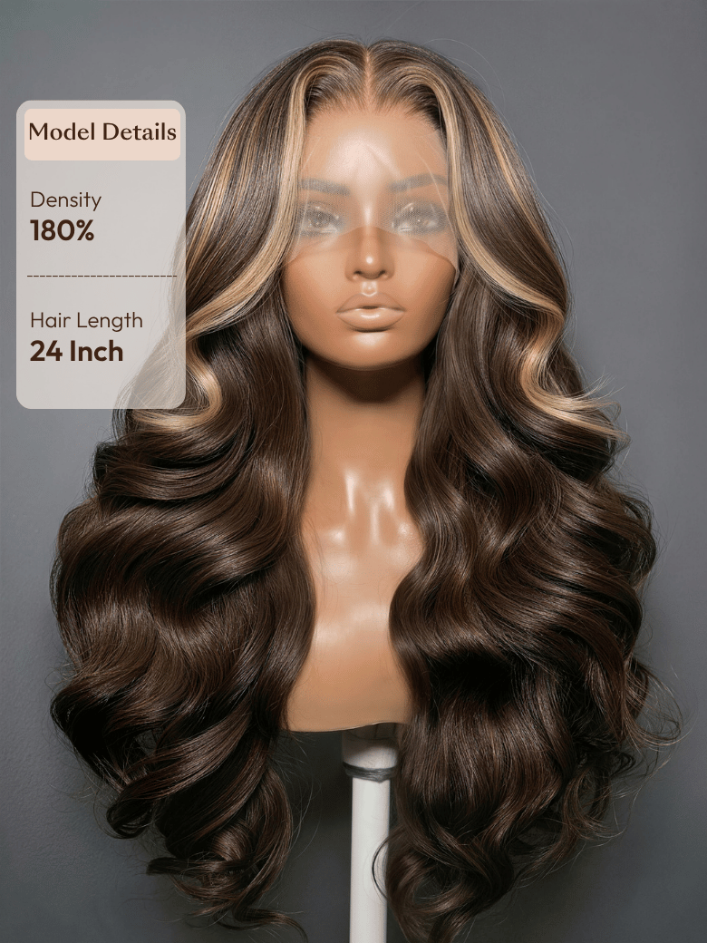 360 HD Lace Pre-plucked Luxury Raw Virgin Hair Chocolate Brown Balayage Body Wave Wig with Money Piece Highlights
