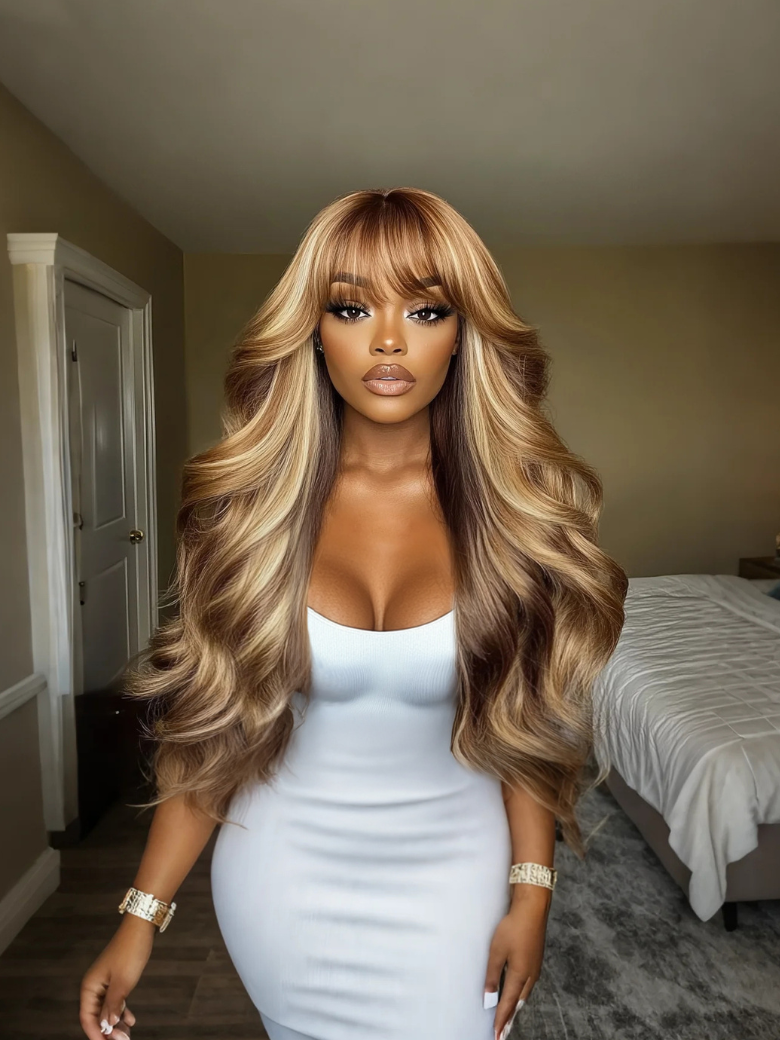 Soft Golden Blonde Highlights Fluffy Loose Wave Full Bangs 13x4 Pre-Everything? Lace Frontal Wig