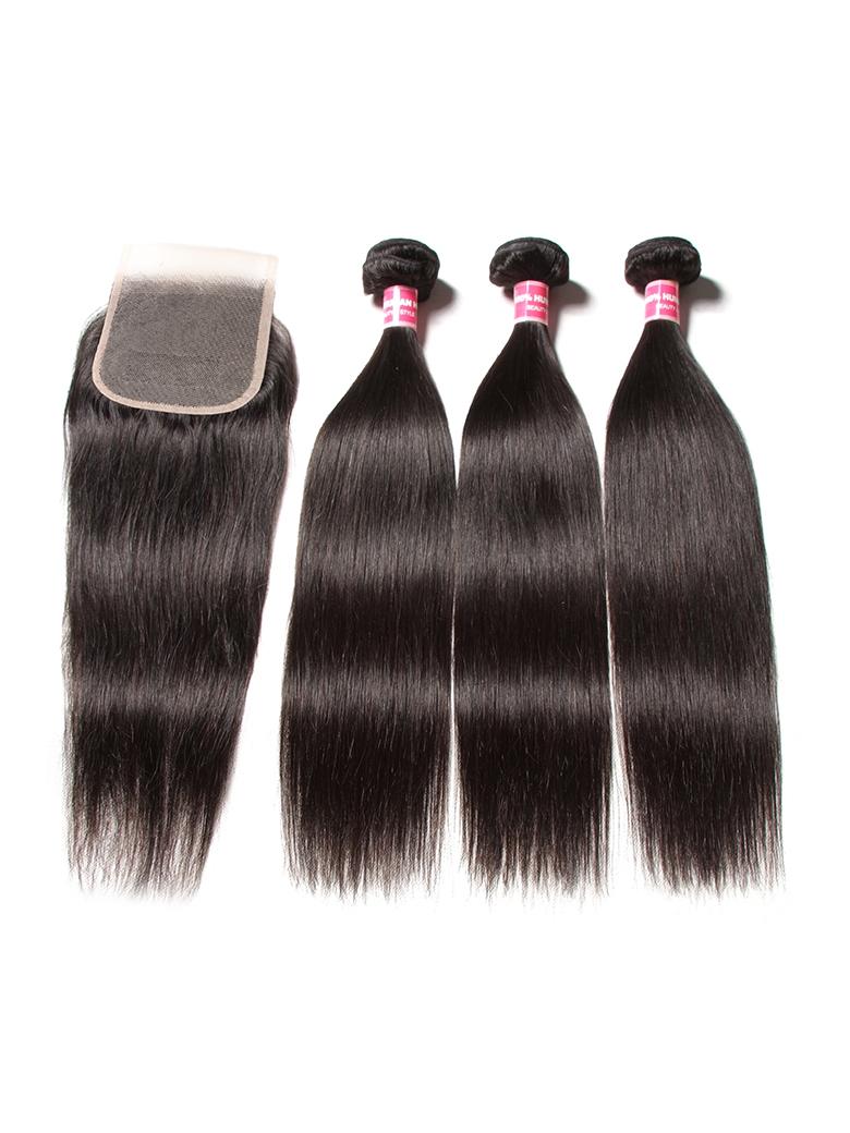 5x5 HD Invisible Lace Closure With 3Pcs Straight Human Hair Bundles
