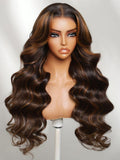 Petaluxe 7x5 Bye Bye Slip? Lace Rich Dark Chocolate Brown with Warm Caramel/Cinnamon Highlights Body Wave Wig