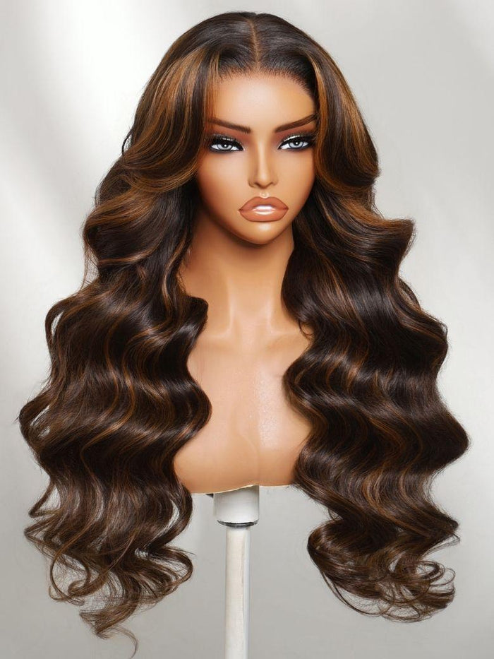 Petaluxe 7x5 Bye Bye Slip? Lace Rich Dark Chocolate Brown with Warm Caramel/Cinnamon Highlights Body Wave Wig