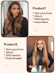 2 Wigs $99 for 22" 13x4 Lace Front Ombre Honey Blonde Loose Wave and 22" 13x4 Lace Front Honey Blonde Kinky Straight Hair