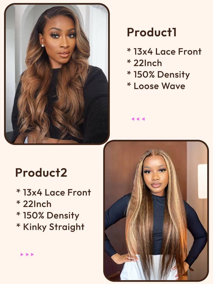 Petaluxe 2 Wigs $99 for 22" 13x4 Lace Front Ombre Honey Blonde Loose Wave and 22" 13x4 Lace Front Honey Blonde Kinky Straight Hair