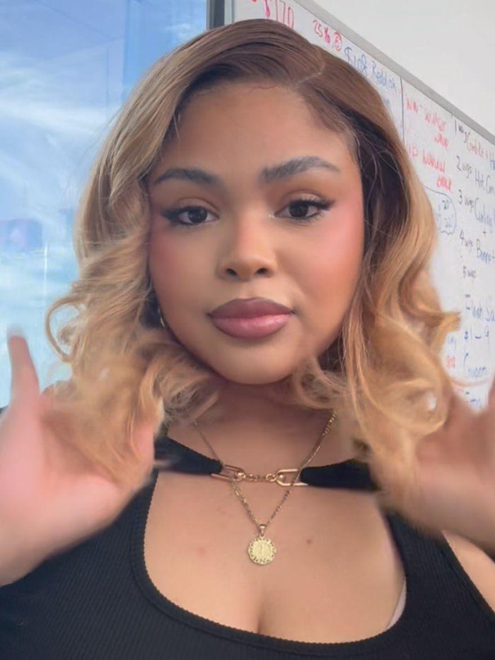 Petaluxe Bye-Bye Slip 7x5 Lace Blonde with Brown Roots Side Part Blunt Bob Drawstring Wig 150% destiny