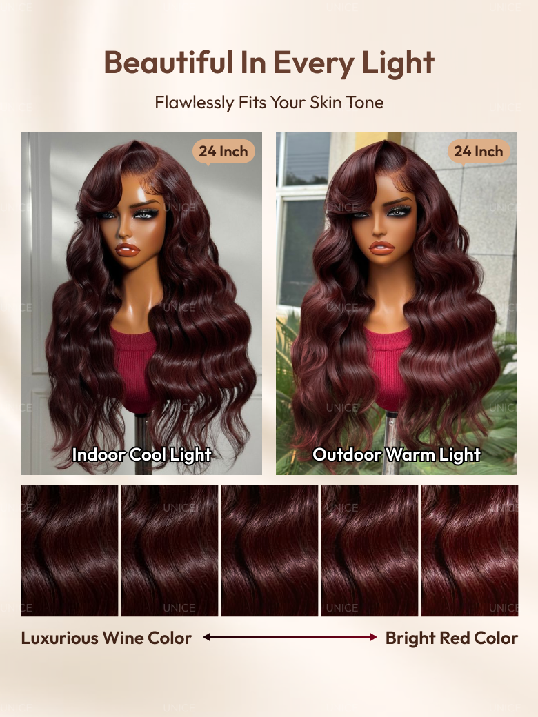Glueless 100% Human Hair Bye-Bye Knots? 7x5 Lace Dark Auburn Side Part Big Bouncy Wave Wig with Invisi Drawstring
