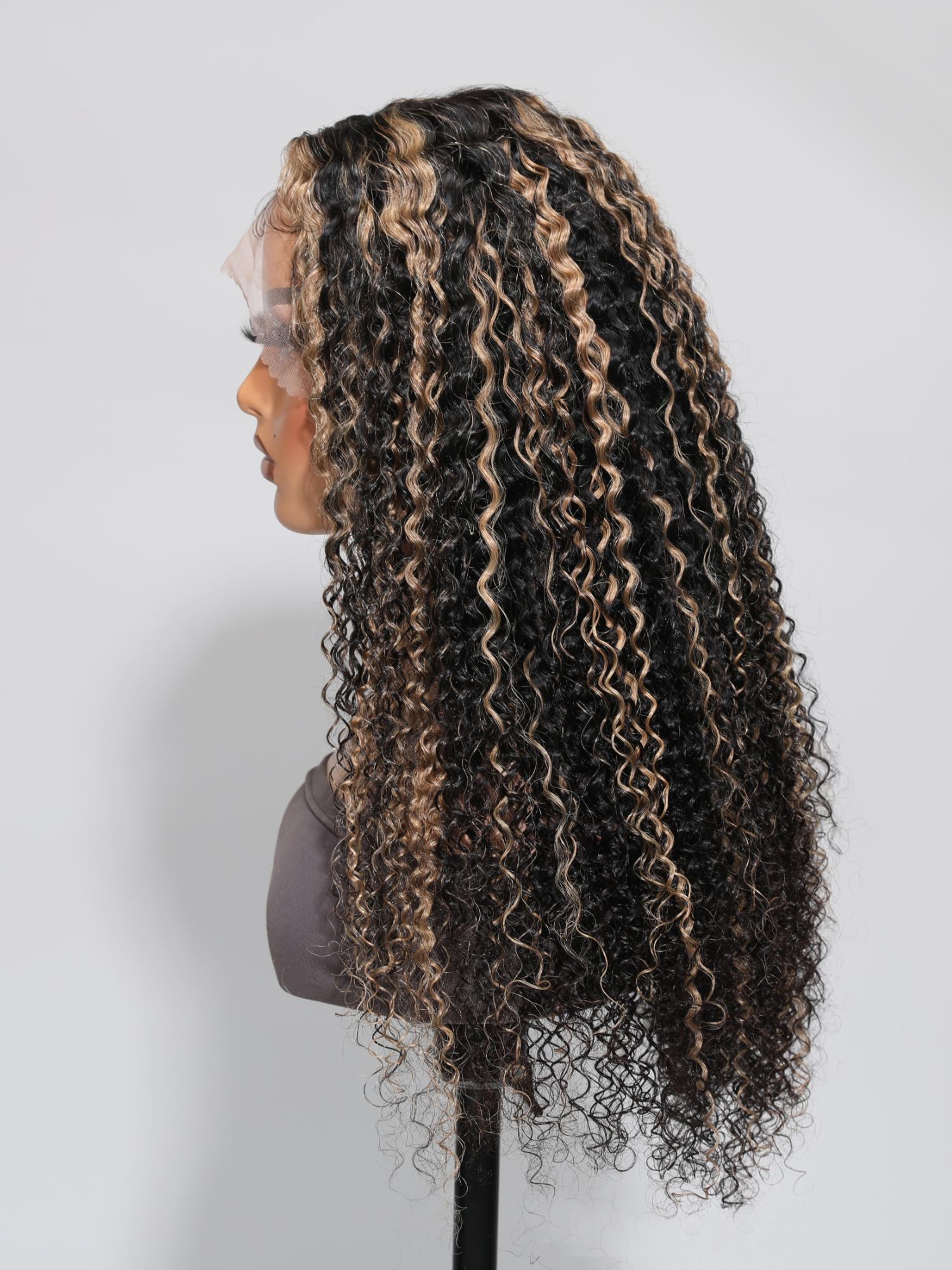 13x4 Lace Front Black Curly Wig With Blonde Piano Highlights