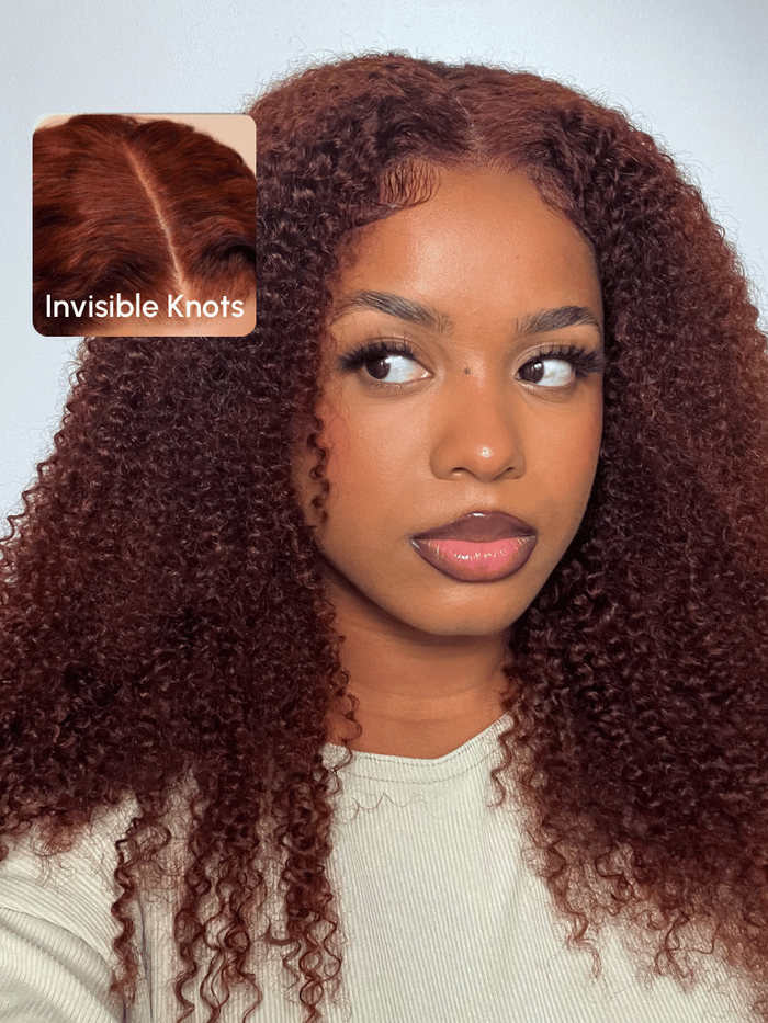 [From 20 Inch] Petaluxe 7x5 Bye-Bye Knots? Wig Glueless Lace Sunset Kinky Curly for Reddish Brown Wig