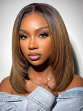 Petaluxe 7x5 Bye Bye Slip? Lace Black to Chestnut Brown Ombre Layered Yaki Straight Bob Wig with Invisi Drawstring