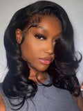 Petaluxe Feather Bangs Wave Bob Wig Human Hair Transparent Lace Front Wig