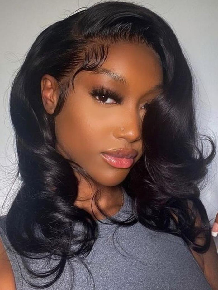 Petaluxe Feather Bangs Wave Bob Wig Human Hair Transparent Lace Front Wig