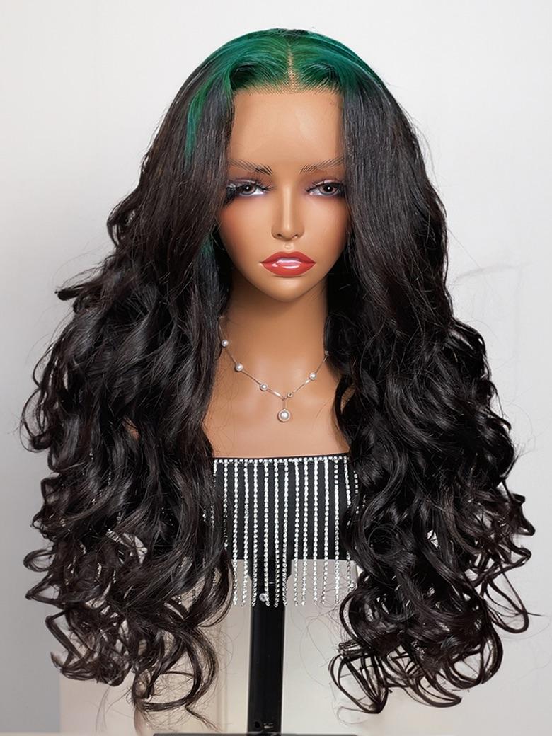 [22"=$99] 13x4 Lace Front Neon Green Roots Black Hair Loose Wave 150% Density Wig