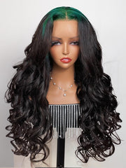 [22"=$99] 13x4 Lace Front Neon Green Roots Black Hair Loose Wave 150% Density Wig