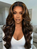 Petaluxe 7x5 Bye Bye Slip? Lace Black with Golden Brown Highlights Body Wave Wig with Invisi Drawstring 150% Density