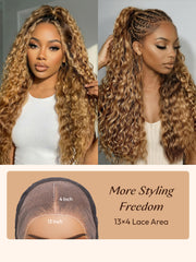 Honey blonde curly 13x4 lace front wig featuring versatile styling options like half-up half-down and braided looks.
