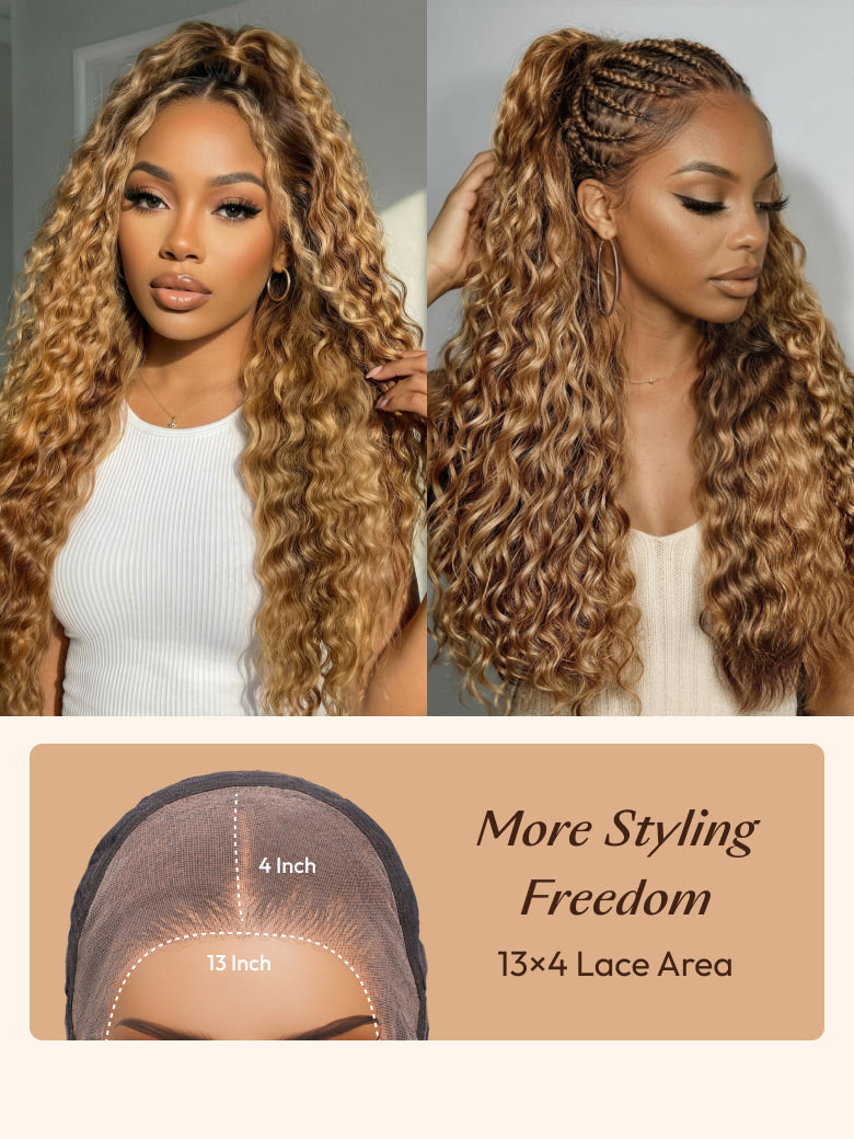 Honey blonde curly 13x4 lace front wig featuring versatile styling options like half-up half-down and braided looks.
