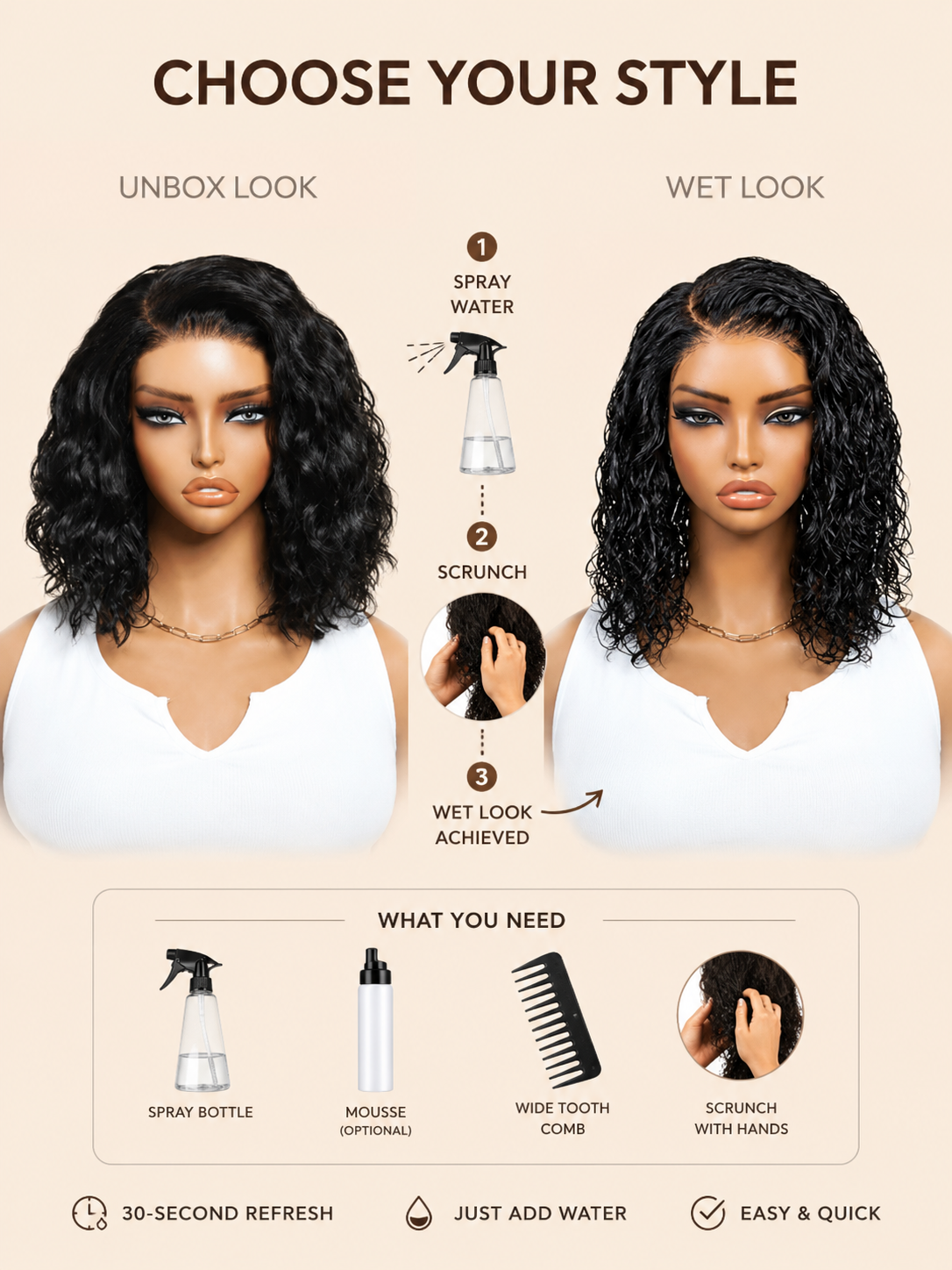 black wavy bob wig featuring a long-lasting curl pattern, quality human hair, and tangle-free maintenance.