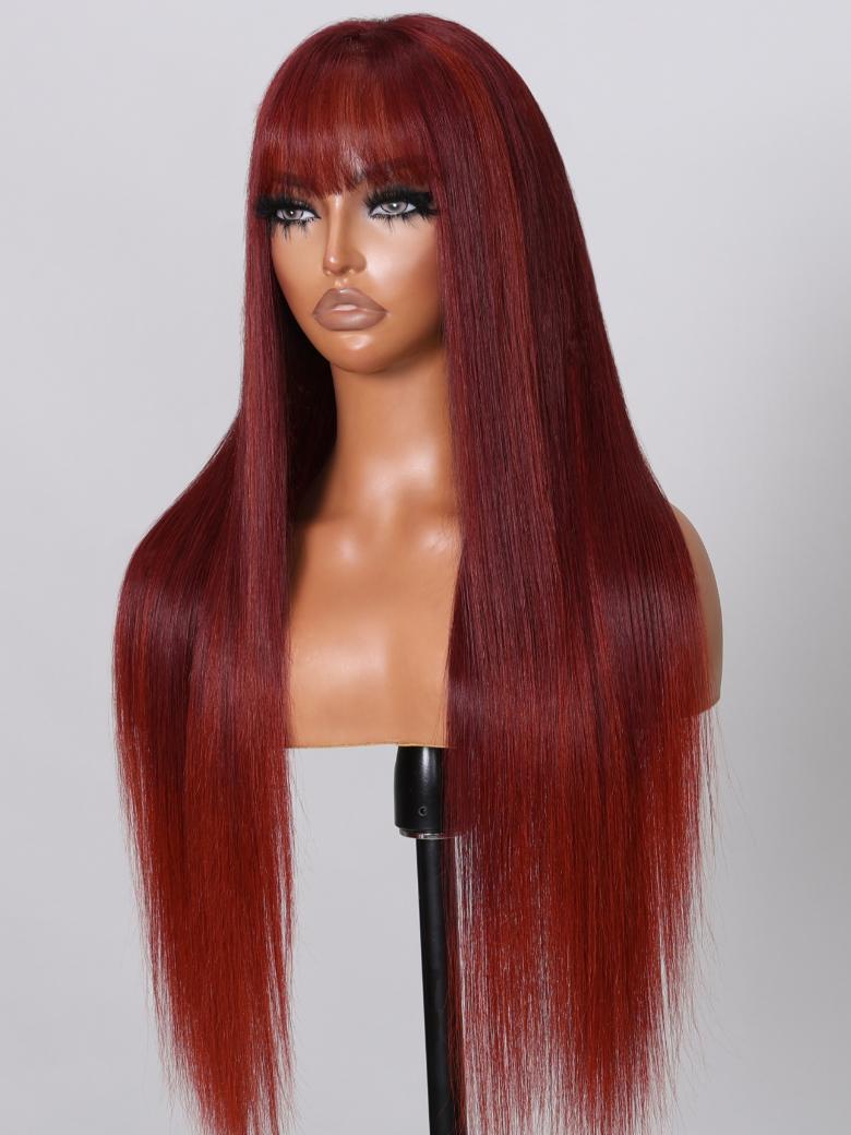 Put On And Go 6x4.5 Pre-Cut Lace 180% Density Cherry Red Straight Air Wig With Bang