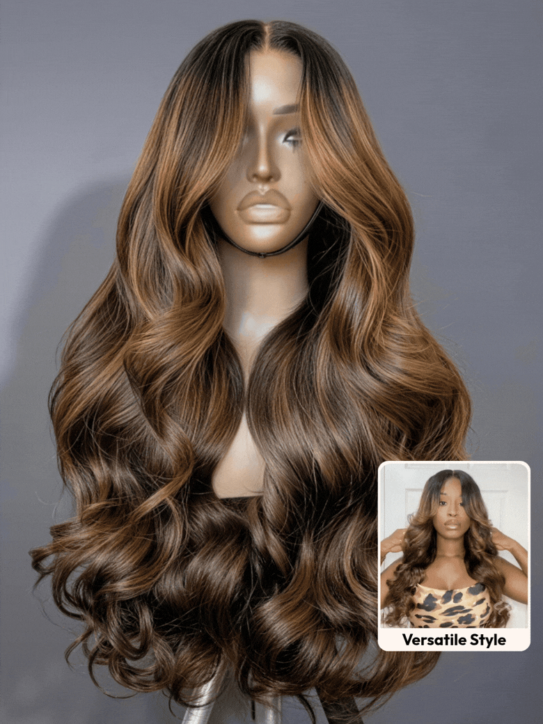 7x5 Bye Bye Slip? Wig Glueless Lace Balayage Highlight Body Wave Curtain Bangs Wig with Invisible Drawstring