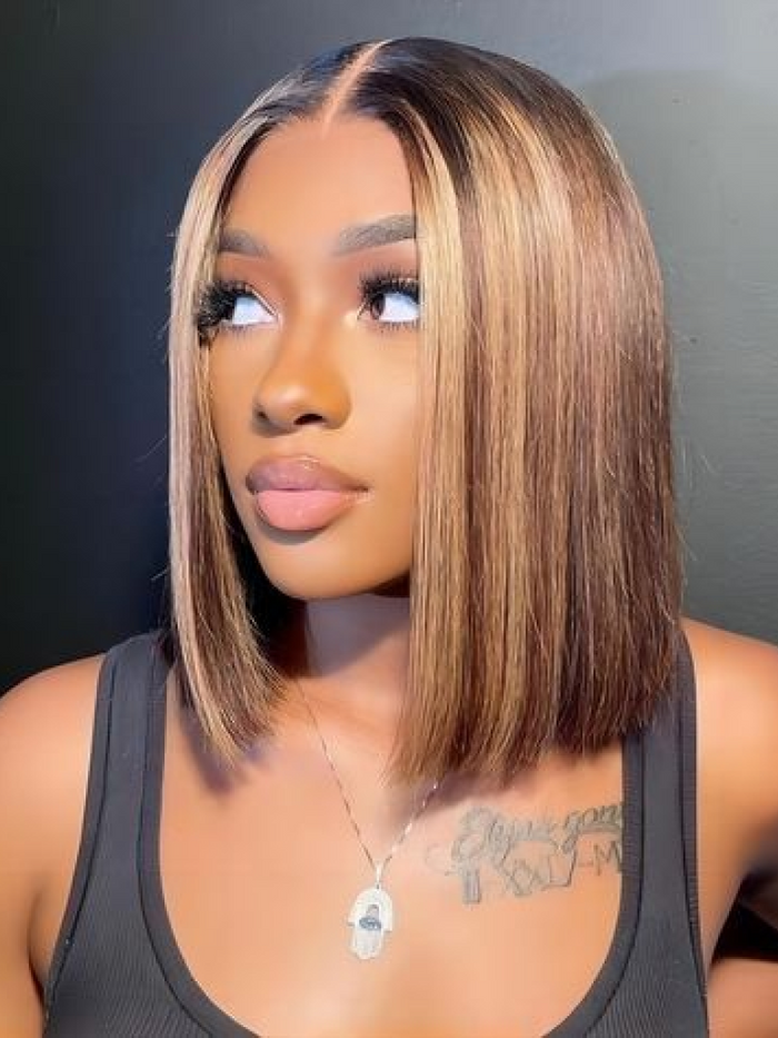 Petaluxe 6x4.5 Pre Cut Lace Glueless Bob Wig Honey Blonde Highlights 150% Density