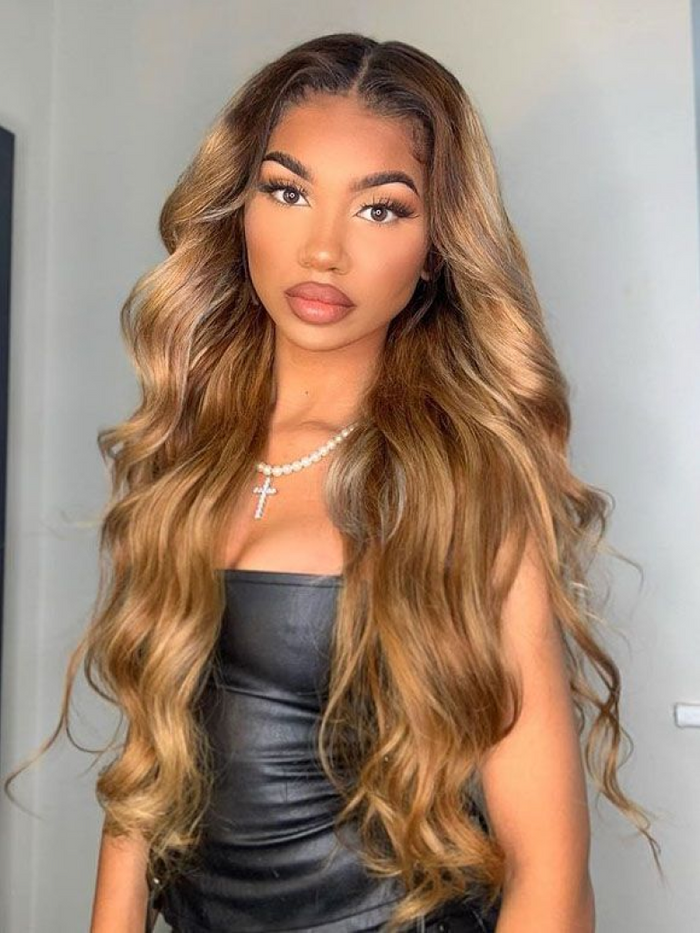 Petaluxe [20"=$93] Honey Blonde Ombre Highlight Body Wave Glueless U Part Wig 150% Density