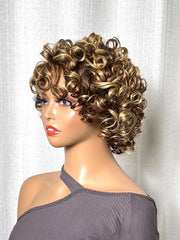 Big Fluffy Brown Mixed Blonde Glueless Bob Curly Wig With Fringe Bangs