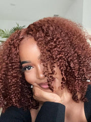 Put On And Go 6x4.5 Pre-Cut Lace Reddish Brown Bouncy Kinky Curly Air Wig