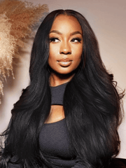 7x5 Bye-Bye Knots Glueless Invisi Drawstring Black Yaki Wig with Soft Layers & Pre-Plucked Hairline 150% Density