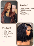 Petaluxe 2 Wigs $189 for 200% Density PreCut 6x4.5 Lace Reddish Brown Body Wave 16inch And 250% Density V Part Deep Wave 14inch