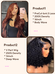 2 Wigs $189 for 200% Density PreCut 6x4.5 Lace Reddish Brown Body Wave 16inch And 250% Density V Part Deep Wave 14inch