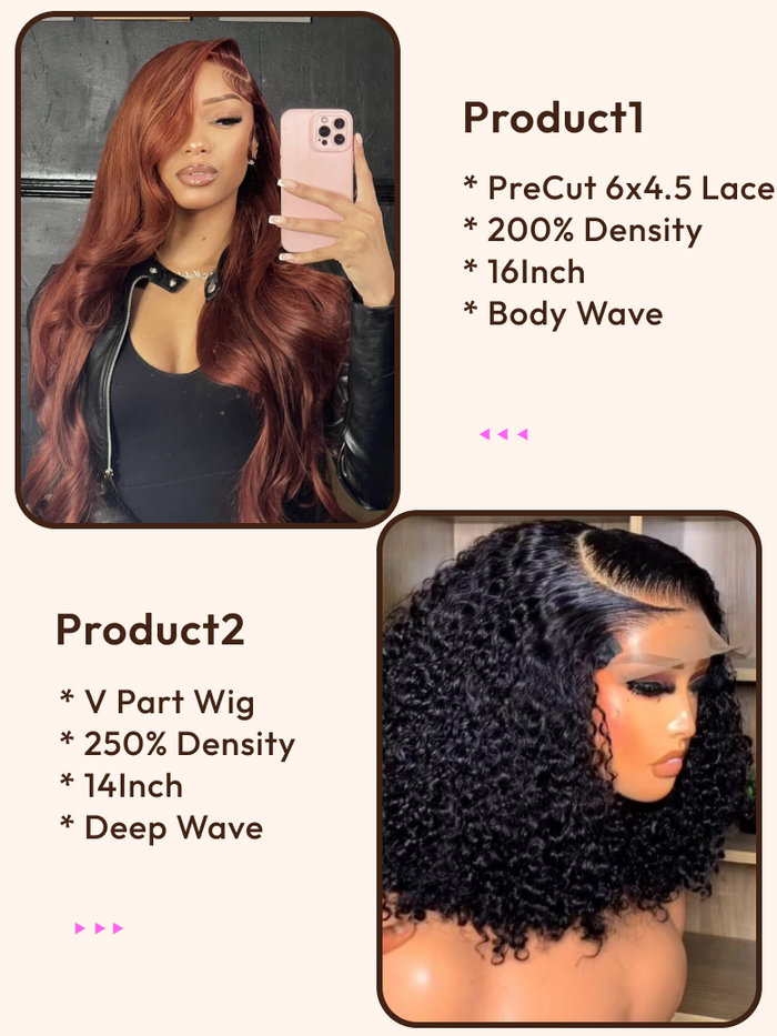 Petaluxe 2 Wigs $189 for 200% Density PreCut 6x4.5 Lace Reddish Brown Body Wave 16inch And 250% Density V Part Deep Wave 14inch