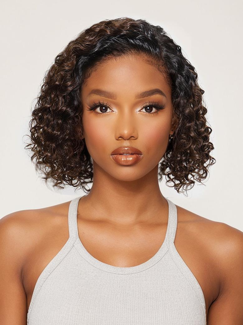 Bye-Bye Knots Lace Frontal Side Part Wig Chestnut Brown Ombre Short Curly Bob Wig