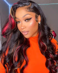 Petaluxe 13x4 Lace Front Red And Blonde Loose Wave Wig Black with Red & Blonde Highlights