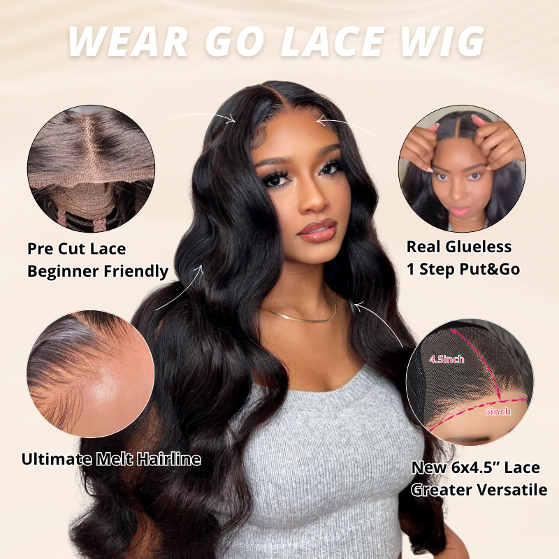 Glueless Body Wave Wig 6x4.5 Put On And Go Pre-cut Lace Closure Wig Breathable Cap One Step Install Natural Black