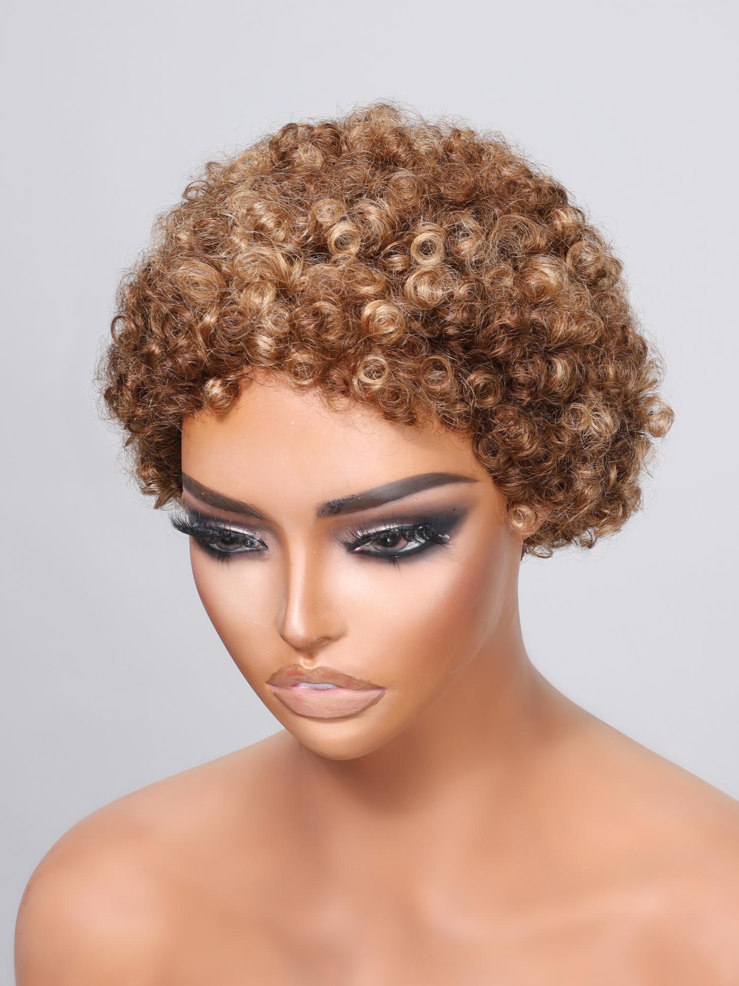 Short Afro Beginner Friendly Glueless Wig With Honey Blonde Highlights