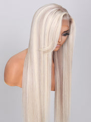13x4 Lace Front Blonde With Ash Brown Highlights Straight Wig