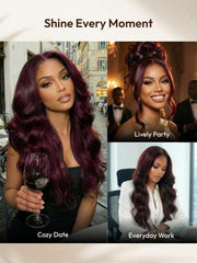 7x5 Bye-Bye Knots? & 13x4 Pre-Everything? Lace Frontal Purple Black Cherry Layered Straight & Loose Wave With Invisi Drawstring Wig