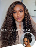 Petaluxe Bye-Bye Knots 7x5 Lace Water Wave Black Wig With Golden Brown Highlights & Natural Black Perfect Beach Look for Summer
