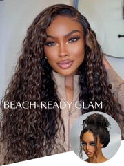 Bye-Bye Knots 7x5 Lace Water Wave Black Wig With Golden Brown Highlights