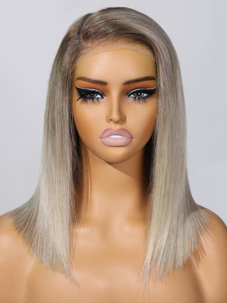 Bye-Bye Knots Wig 7x5 Lace Ombre Ash Blonde Straight Bob Wig With Dark Roots 150% Density