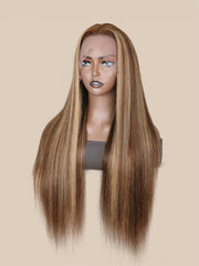 Straight Honey Blonde Highlight Lace Wigs Virgin Human Hair Wigs Pre Plucked With Baby Hair
