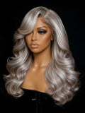 Petaluxe 100% Human Hair Silver Platinum Blonde Highlight Wig 13x4 Pre-Everything? Loose Wave With Face-Framing Layer Bangs