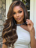 Petaluxe 7x5 Bye Bye Slip? Lace Brown with Golden Brown Highlights Glueless Body Wave Drawstring Wig with Side Part Bangs