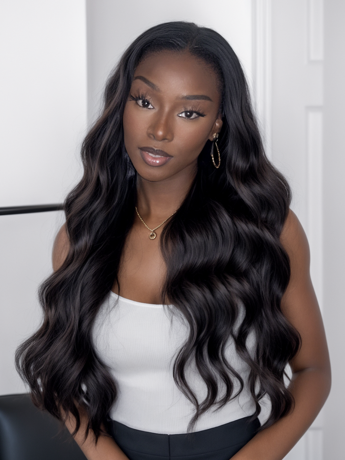 Petaluxe [24"=$257] 5x5 HD Pre Cut Lace Put On And Go Body Wave Black Wig