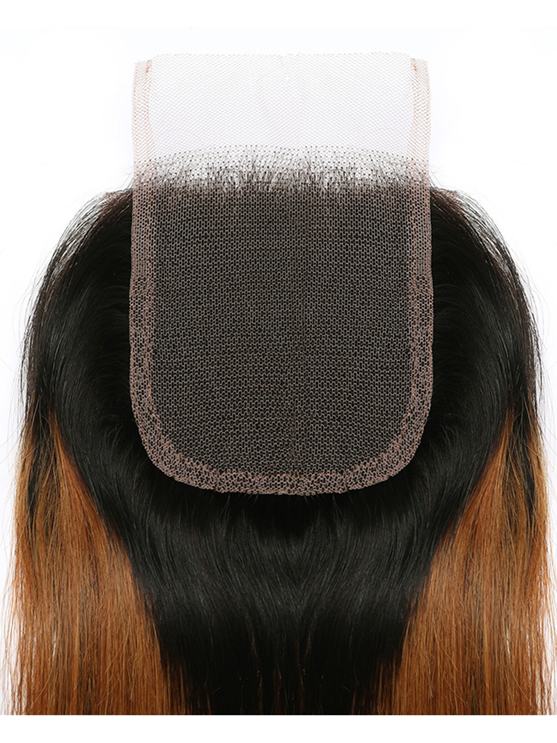 Brown Highlights Human Hair 4x4 Free Part Silky Straight Top Lace Closure Piano Color