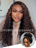 [$100-$50] Petaluxe Bye-Bye Knots 7x5 Lace Water Wave Black Wig With Golden Brown Highlights & Natural Black