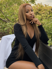 [24"=$159] Put On And Go 6x4.5 Pre Cut Lace with Baby Hair Honey Blonde Highlights Straight Hair Air Wig