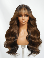 [18''=$89]7x5 Black Brown Money Piece Fluffy Loose Wave Curtain Bangs Wig