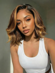 7x5 & 13x4 Pre-Everything? Lace Frontal Brown With Honey Blonde Face-Framing Highlights Wavy Bob Glueless Drawstring Wig Secure Fit