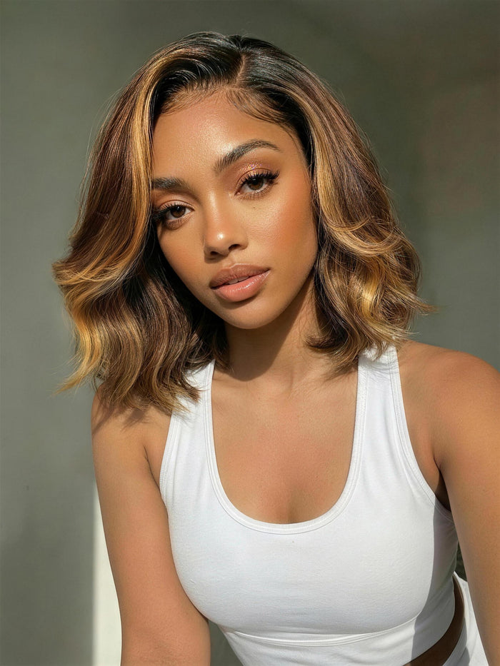 Petaluxe 7x5 & 13x4 Pre-Everything? Lace Frontal Brown With Honey Blonde Face-Framing Highlights Wavy Bob Glueless Drawstring Wig Secure Fit